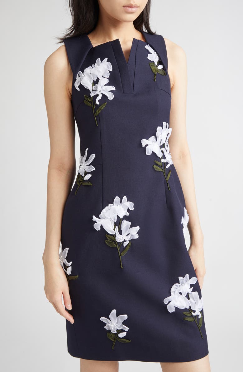 Shushu/Tong Waist Cinching Floral Appliqué Wool & Silk Sheath Dress, Alternate, color,