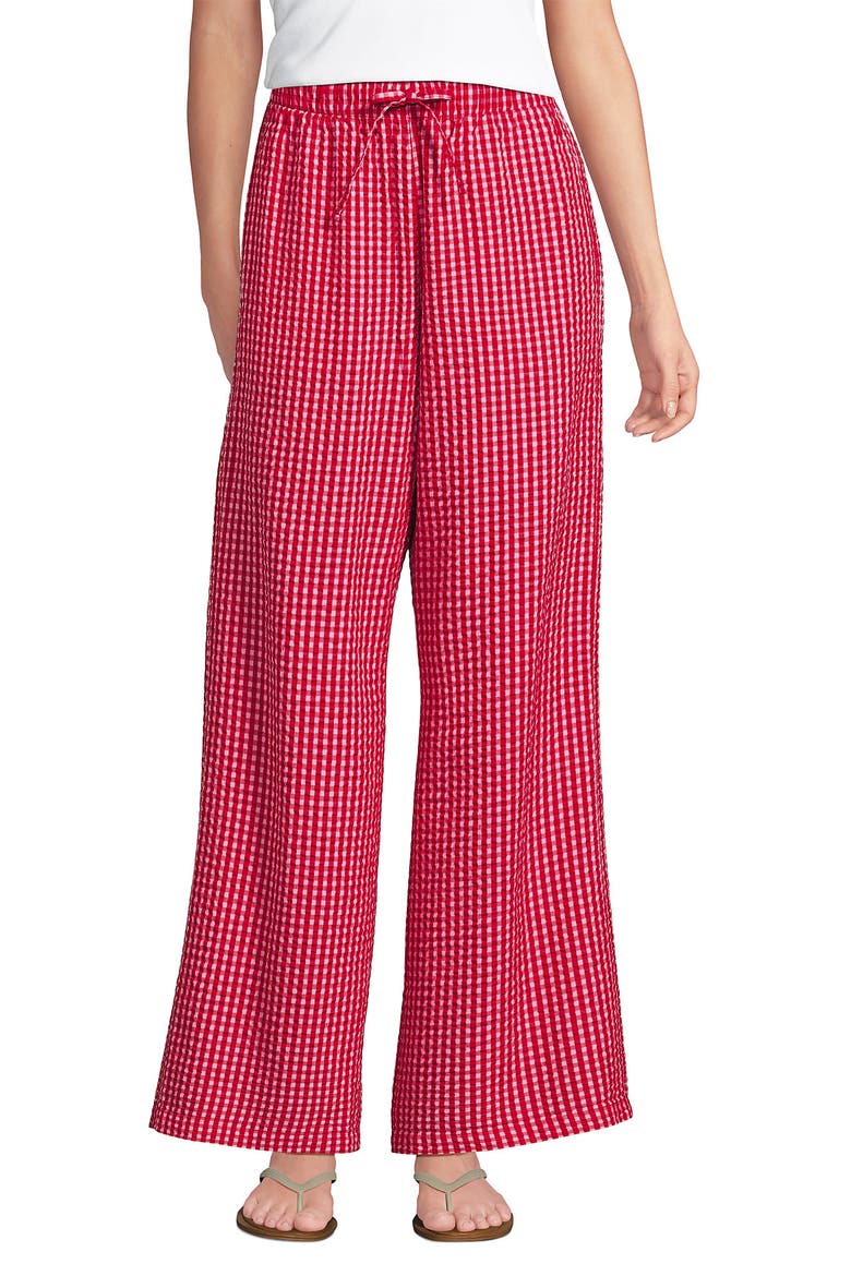 Seersucker High Rise Drawstring Wide Leg Pants, Alternate, color, Compass Red/Pink Gingham