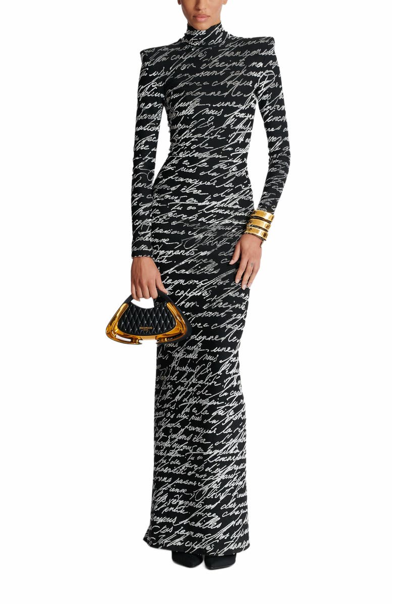 Balmain Long "Love Letter" Jacquard Knit Dress, Alternate, color, Black
