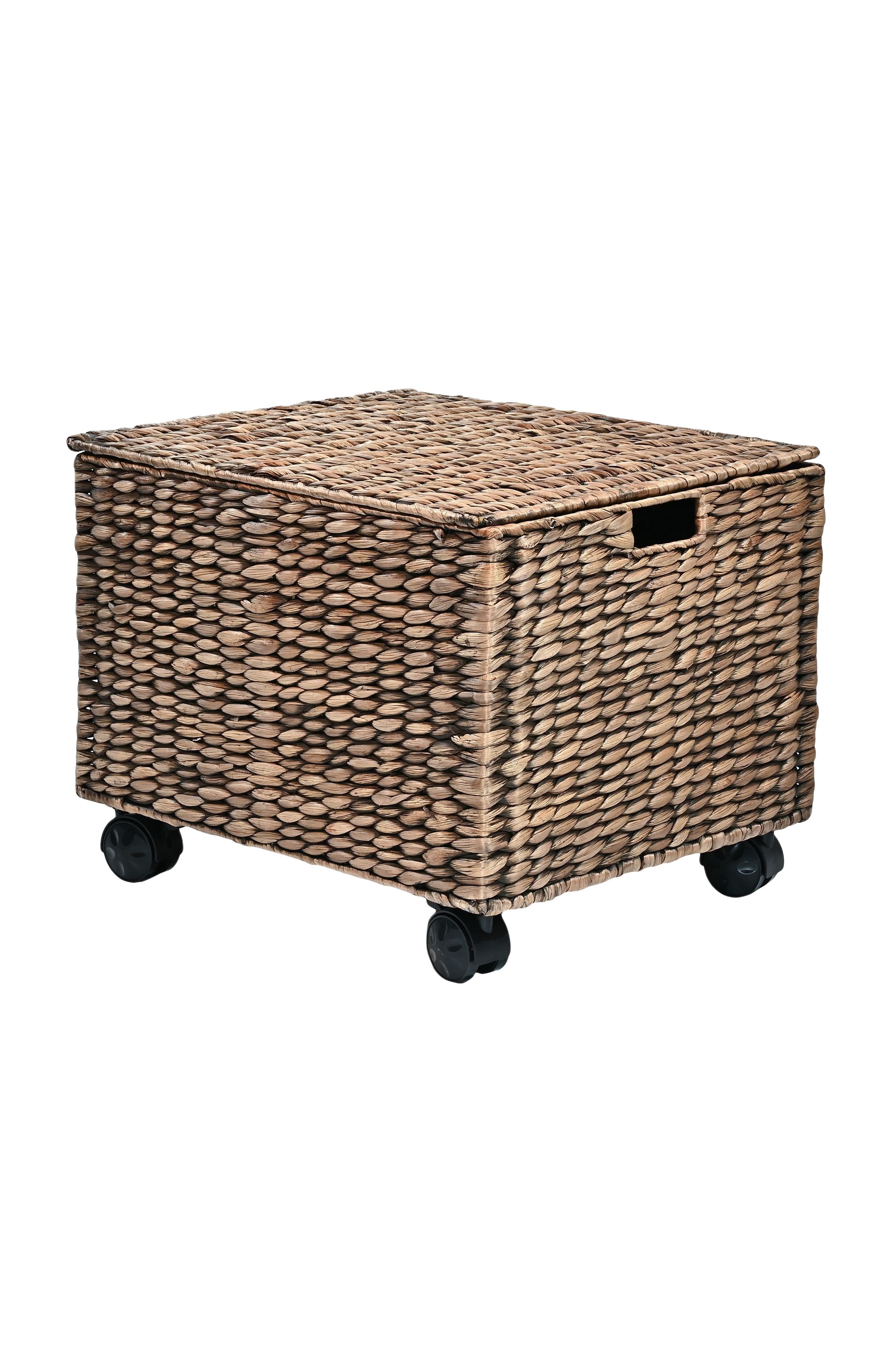 HAPPIMESS Ashton Classic Farmhouse Handwoven Hyacinth Rolling Filing Basket with Lid and 360 Degree Lockable Wheels in Brown 