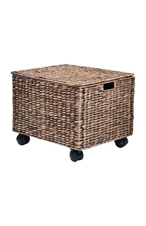 Ashton Classic Farmhouse Handwoven Hyacinth Rolling Filing Basket with Lid and 360 Degree Lockable Wheels