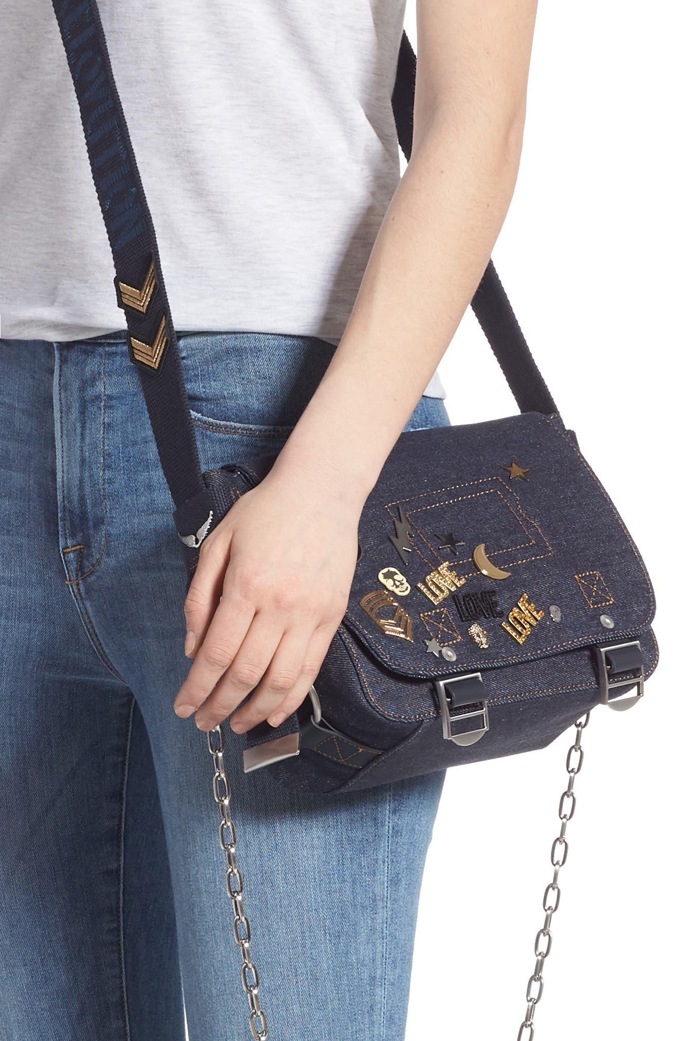 Zadig & Voltaire XS Ready Made Denim Canvas Messenger Bag, Alternate, color, 