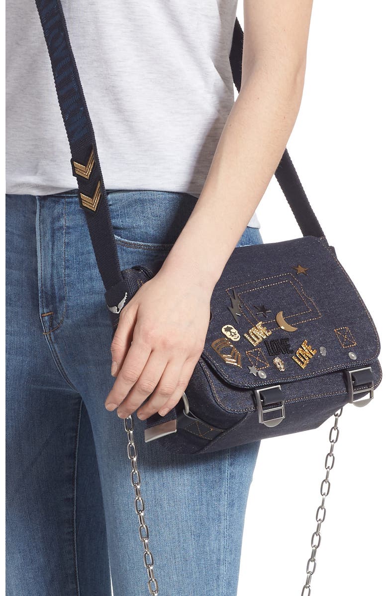 Zadig & Voltaire XS Ready Made Denim Canvas Messenger Bag, Alternate, color,