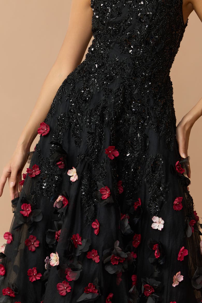 Petite Sleeveless Beaded Midi Dress With 3D Flowers, Alternate, color, Black Multi