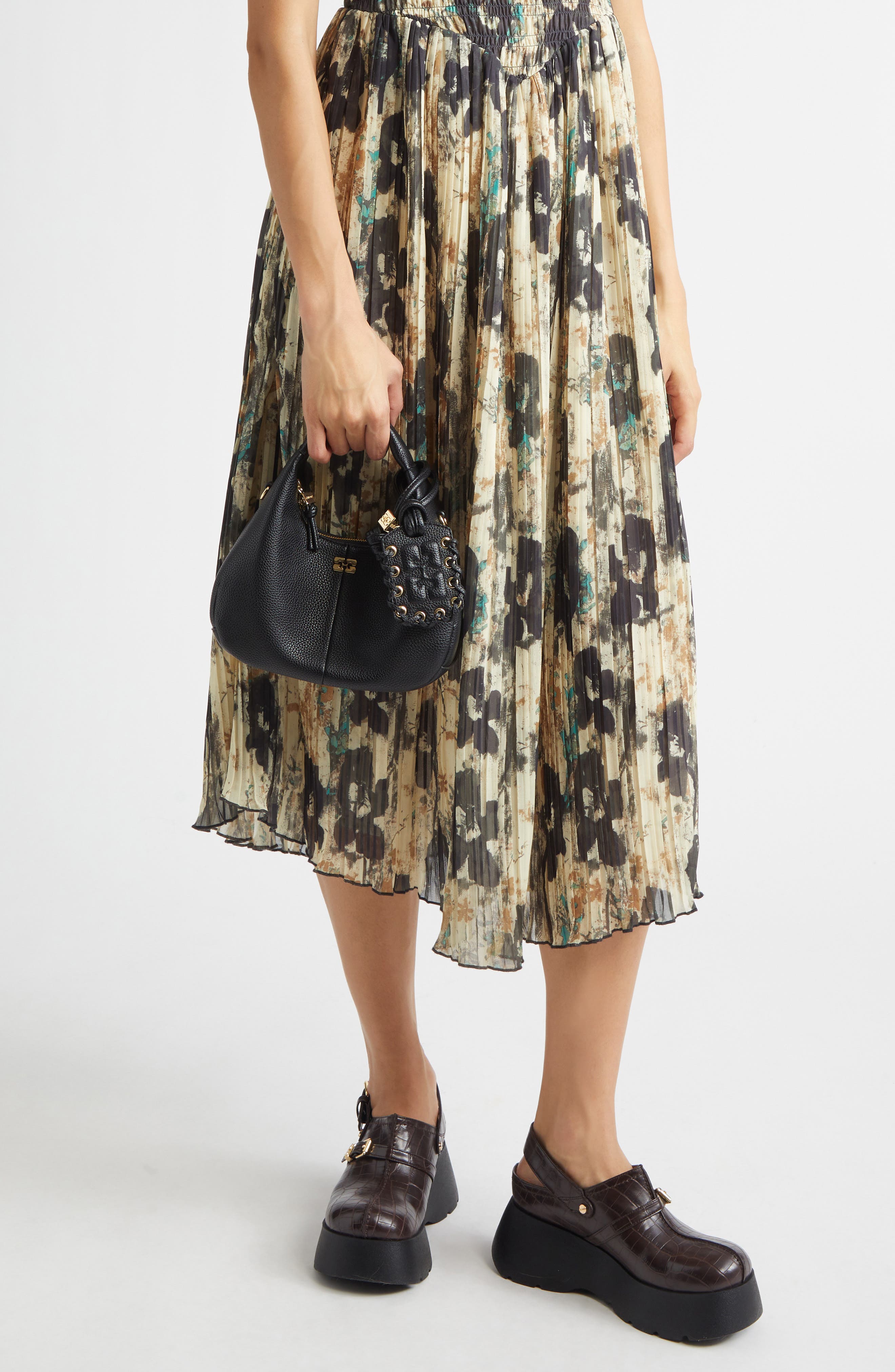 Ganni Mini Hobo Leather Top Handle Bag, Alternate, color, Black