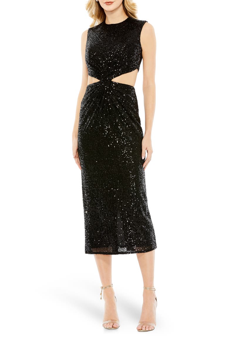 Sequin Front Twist Cutout Midi Cocktail Dress, Main, color, BLACK