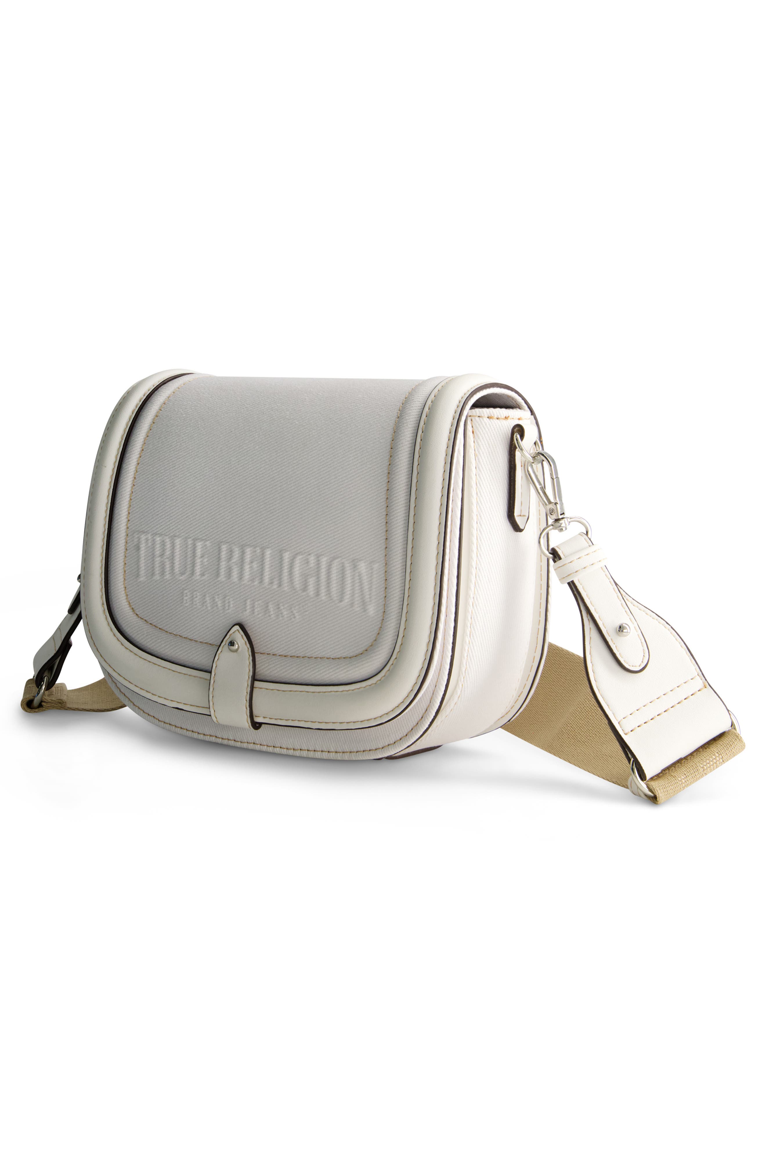 Distressed Logo Denim Saddle Bag, Alternate, color, WHITE