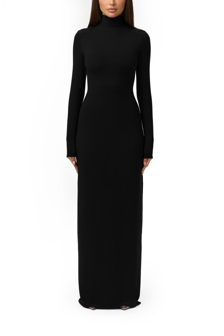 Butter Turtleneck Long Sleeve Maxi Dress, Main, color, BLACK