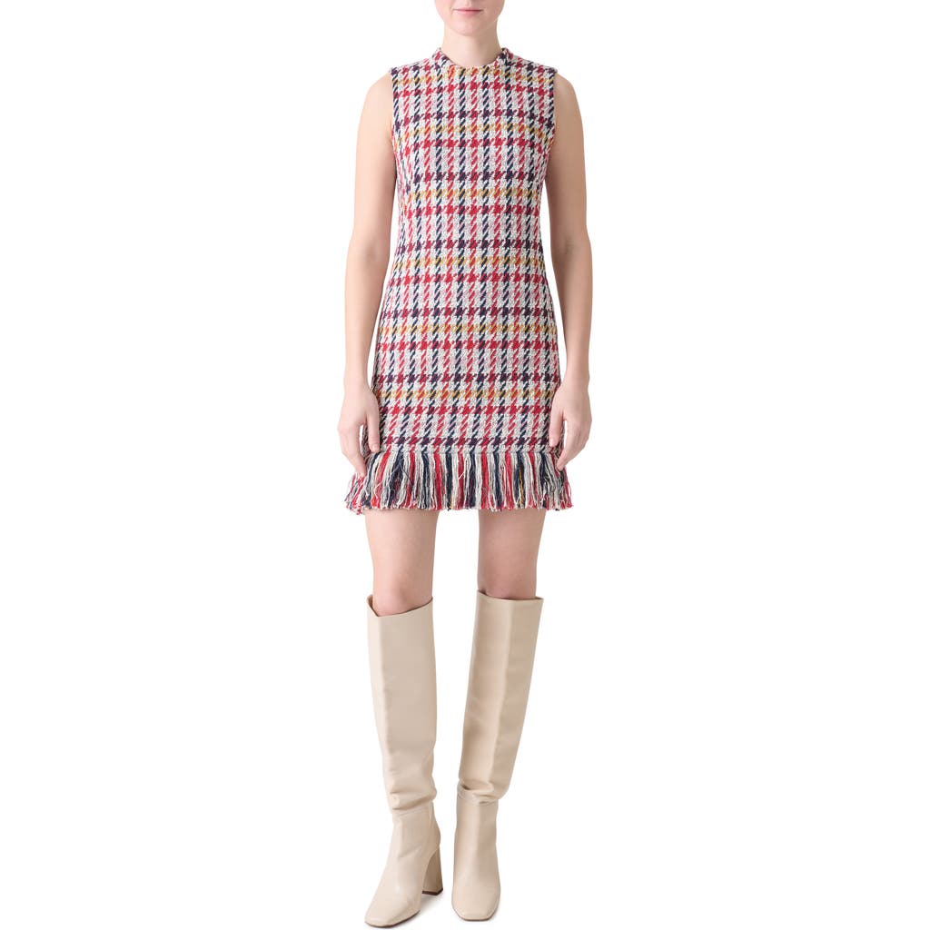 Akris Punto Check Tweed Fringed Sheath Dress In Multi