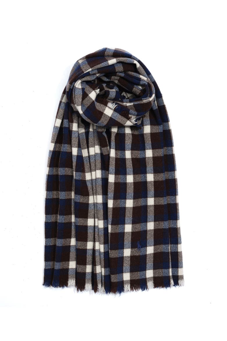 Wool Plaid Washed Wrap, Alternate, color, Brown/ Blue Plaid