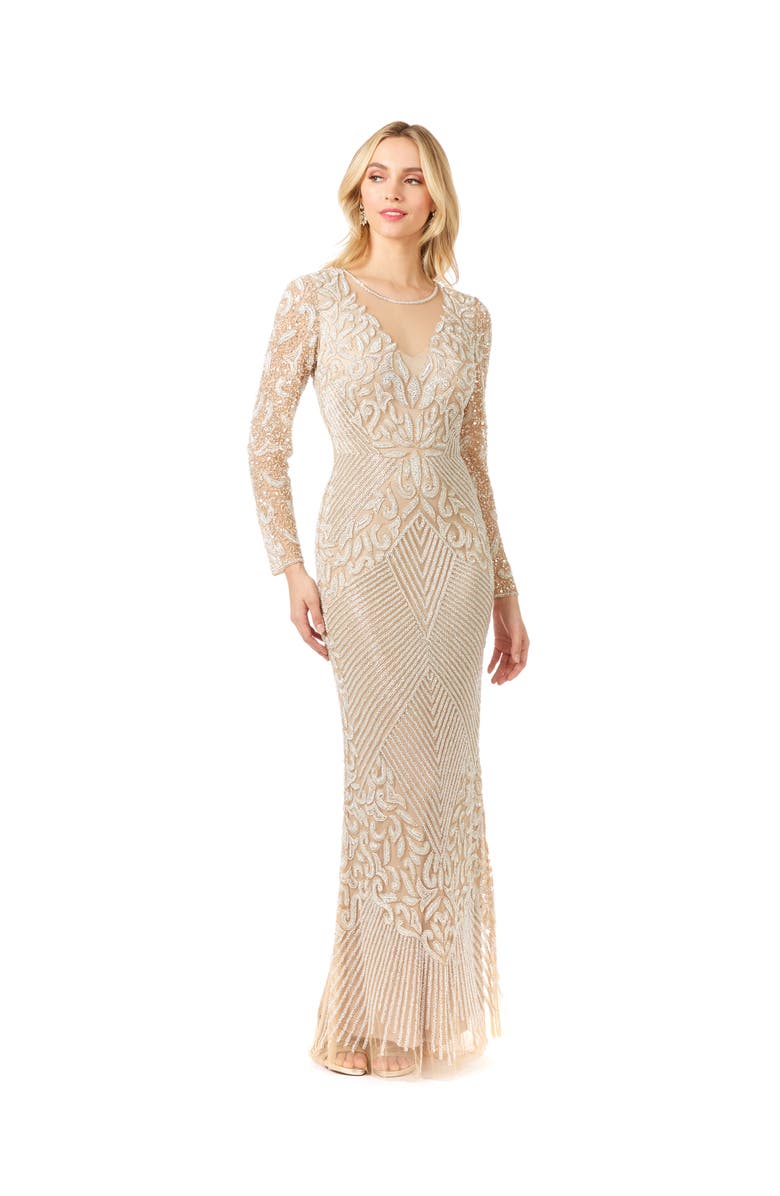 LARA New York Fitted Long Sleeve Beaded Gown, Main, color, Nudeivory