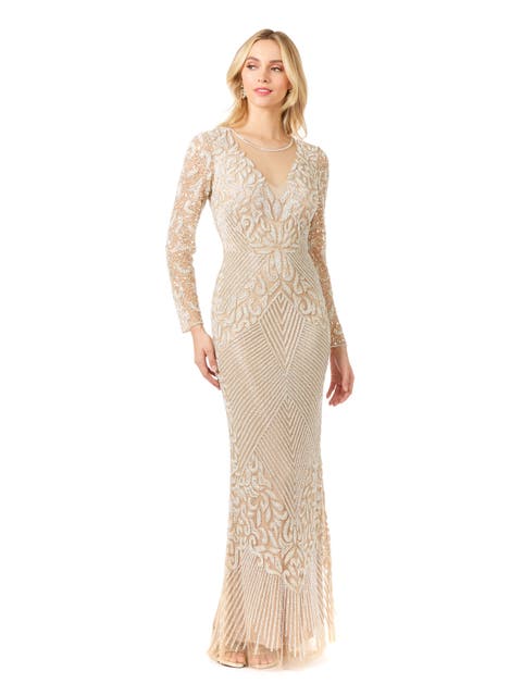 Fitted Long Sleeve Beaded Gown