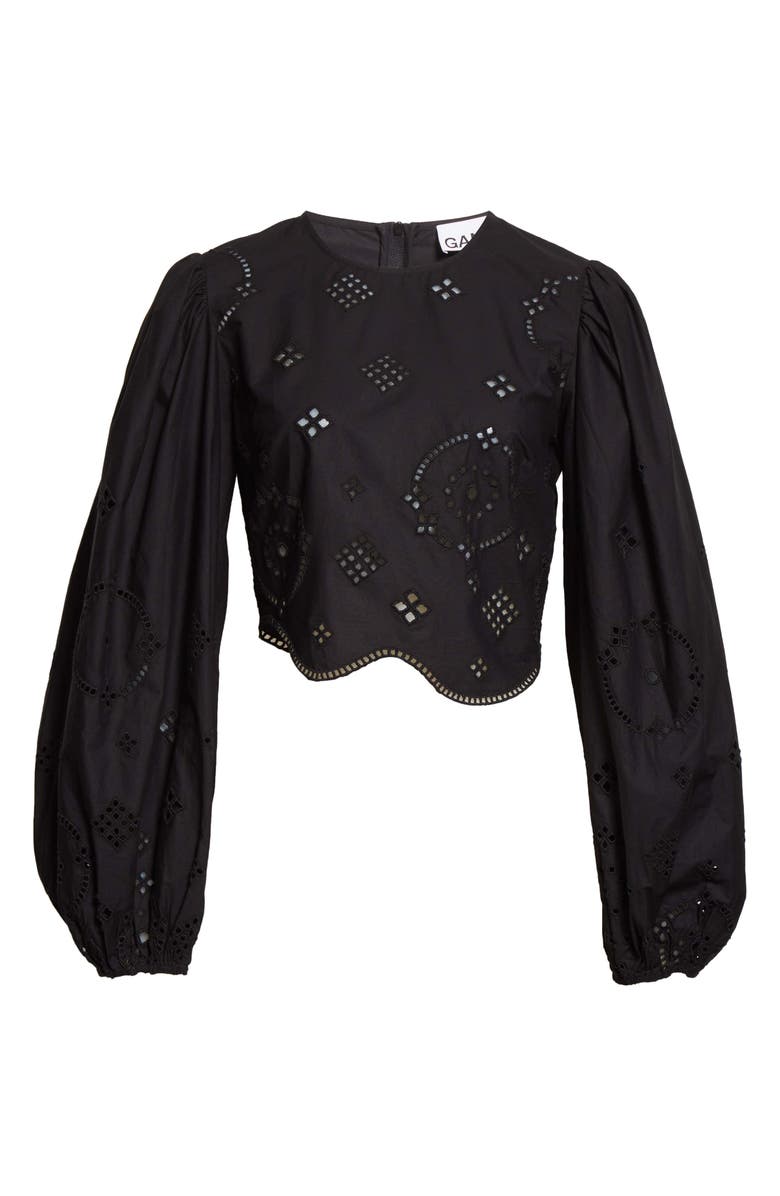 Ganni Broderie Anglaise Cropped Fitted Blouse, Alternate, color,