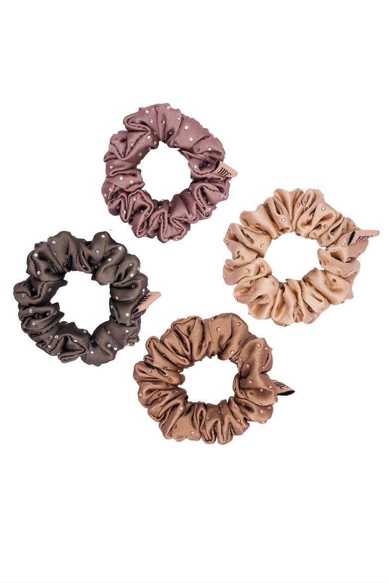 Luxury silk Scrunchies Set of 4 with Free Pouch - Neutral Crystal Gift Set, Alternate, color, Beige