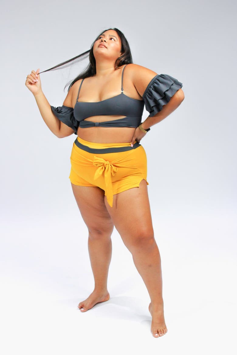 Moe Tie-Front Swim Shorts, Alternate, color, Mustard Yellow