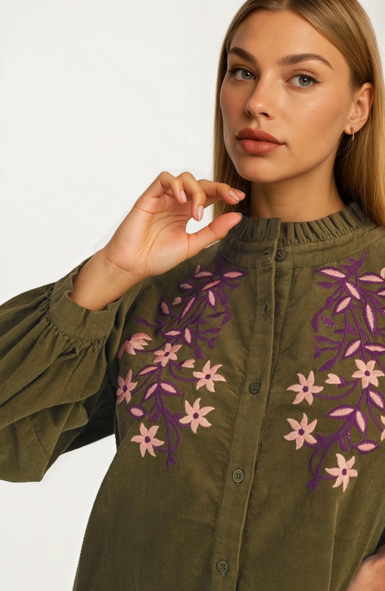 Knit and Lounge Embroidered Floral Button Front Long Sleeve Blouse, Alternate, color,