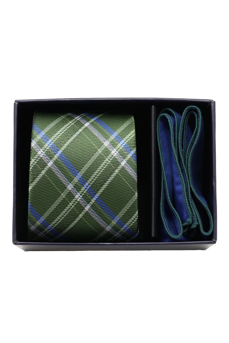 Diagonal Plaid Tie & Pocket Square Set, Alternate, color, HUNTER GREEN NAVY