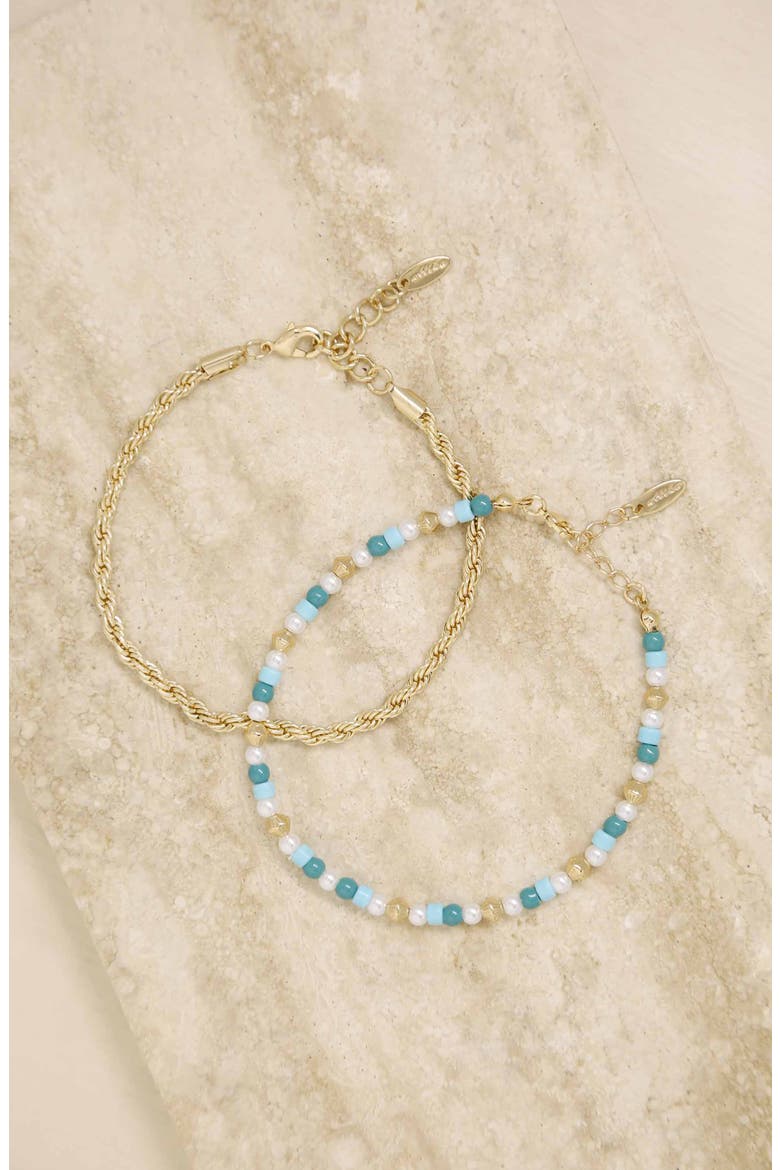 Set of 2 Turquiose and Imitation Pearl Anklets, Alternate, color, GOLD