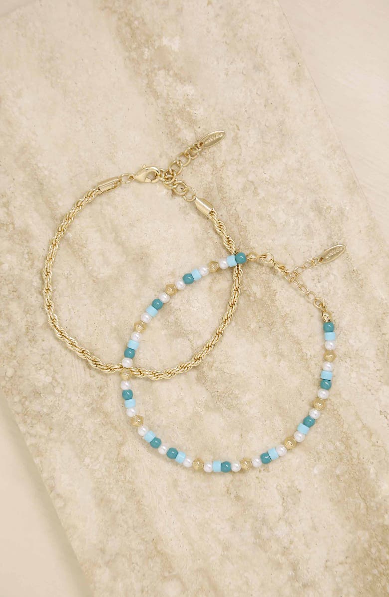 Ettika Set of 2 Turquiose and Imitation Pearl Anklets, Alternate, color, Gold