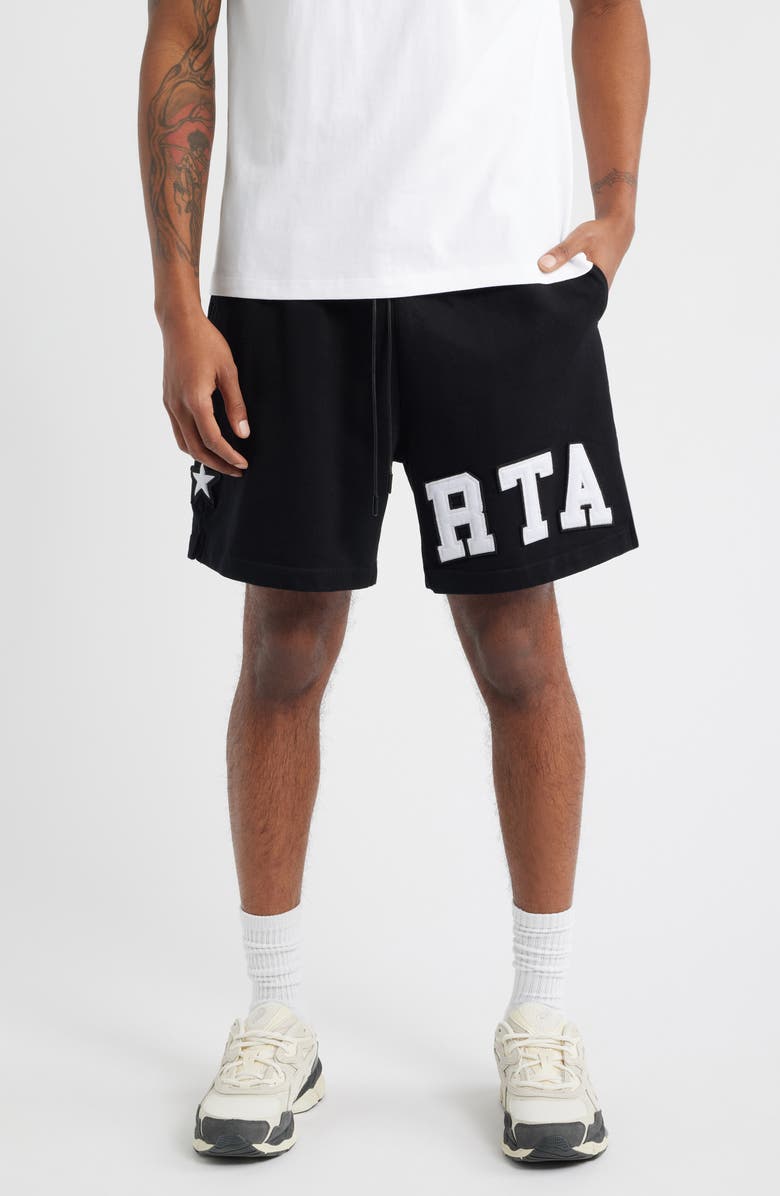 RtA Owen Cotton Drawstring Sweat Shorts, Main, color, Black Collegiate