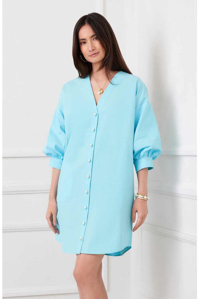 Puff Sleeve Pearly Button Dress, Alternate, color, AQUA