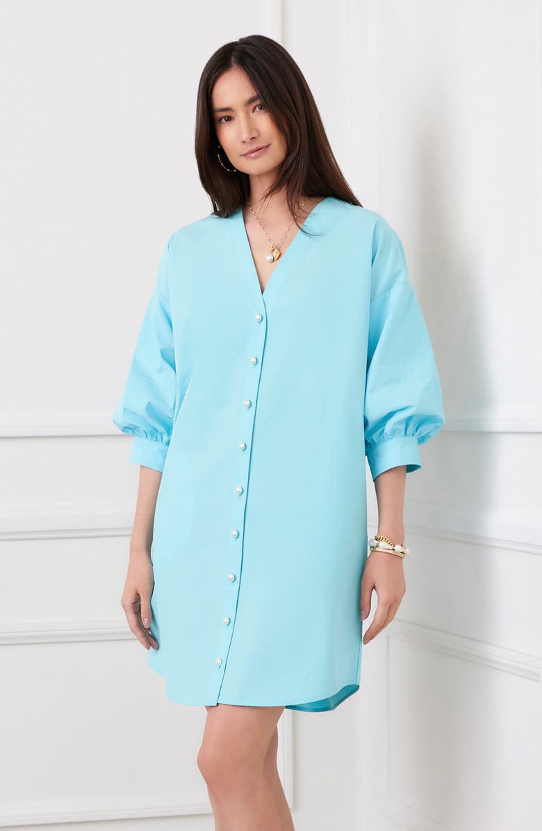 Karen Kane Imitation Pearl Cotton Shirtdress, Alternate, color, Aqua