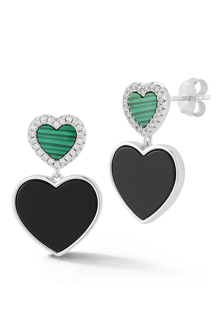 14k Gold Over Silver Malachite & Cubic Zirconia Heart Drop Earrings, Main, color, SILVER