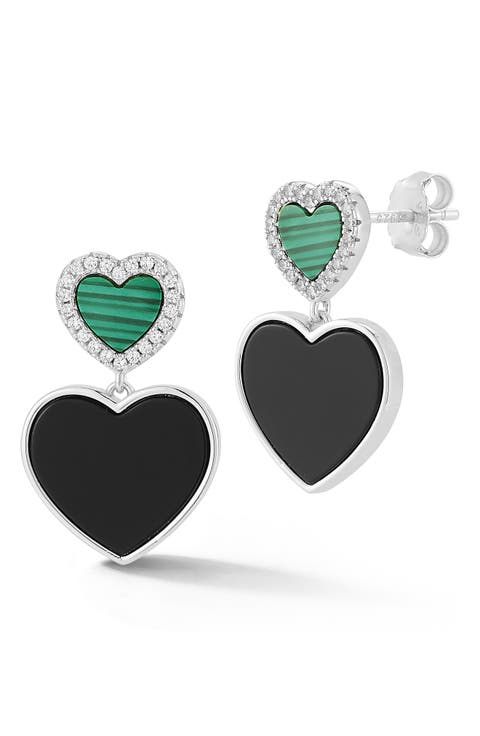 14k Gold Over Silver Malachite & Cubic Zirconia Heart Drop Earrings