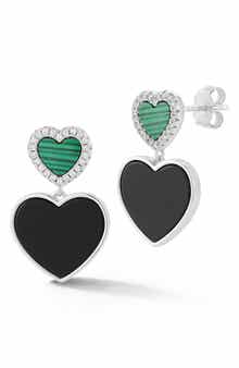 14k Gold Over Silver Malachite & Cubic Zirconia Heart Drop Earrings