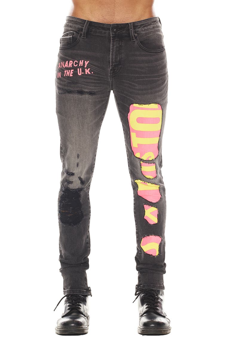 Punk Sex Pistols Distressed Rigid Super Skinny Jeans, Main, color, BOLLOCKS