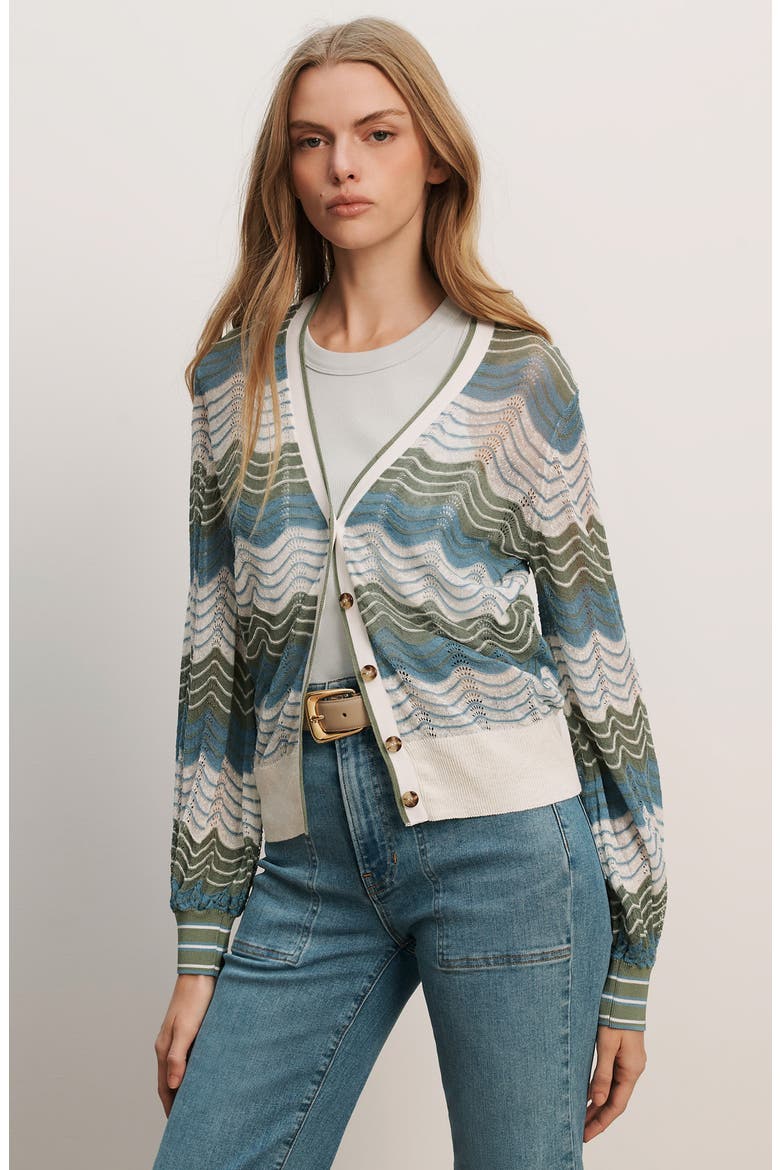 Laurinor Stripe Pointelle Knit Button Front Cardigan, Alternate, color, DOVE/ SAGE/ BLUE RIVER