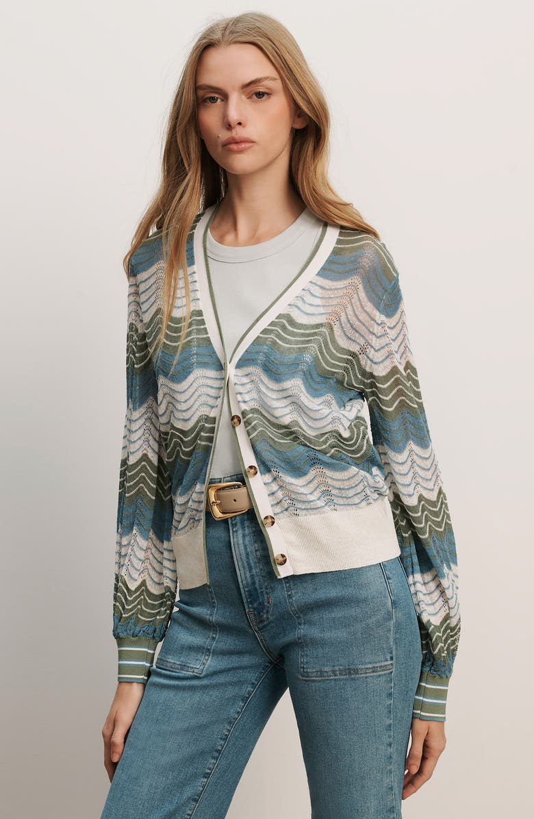 Veronica Beard Laurinor Stripe Pointelle Knit Button Front Cardigan, Alternate, color, Dove/ Sage/ Blue River