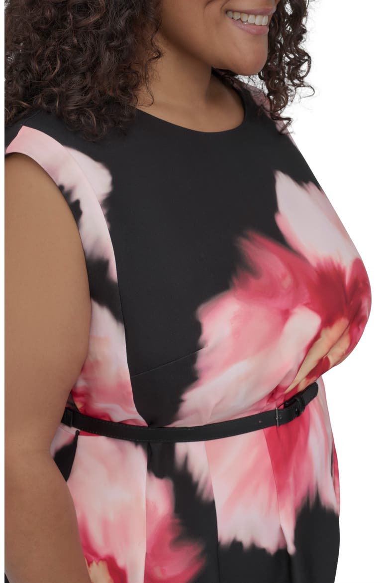 Floral Cap Sleeve Belted Midi Dress, Alternate, color, BLACK MULTI