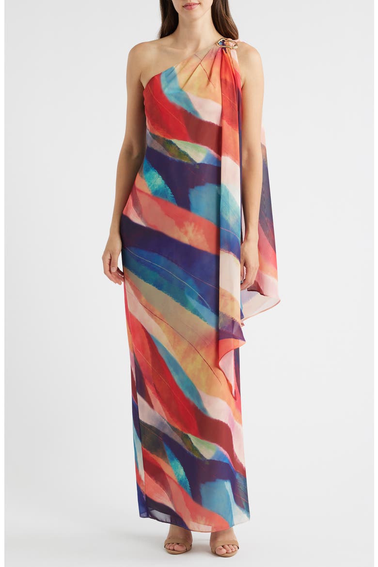 Abstract Stripe One-Shoulder Chiffon Gown, Main, color, CORAL MULTI