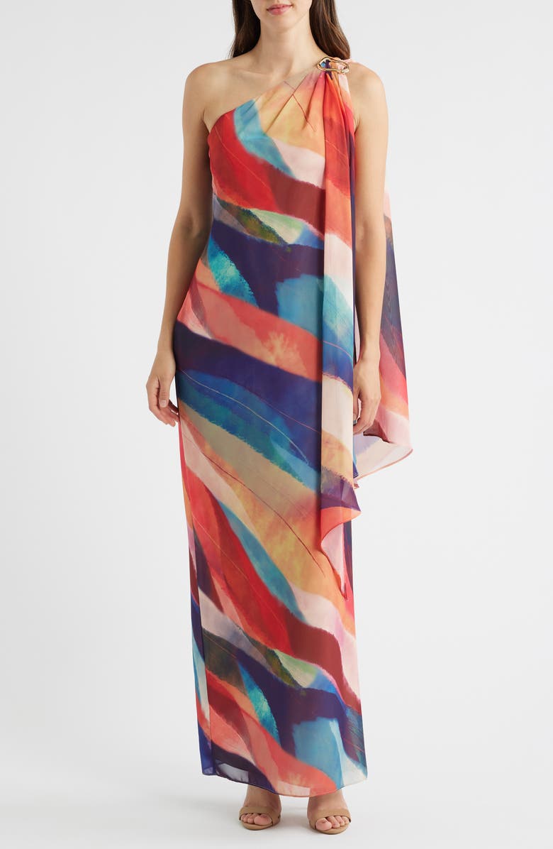 Vince Camuto Abstract Stripe One-Shoulder Chiffon Gown, Main, color, Coral Multi