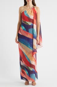 Vince Camuto Abstract Stripe One-Shoulder Chiffon Gown