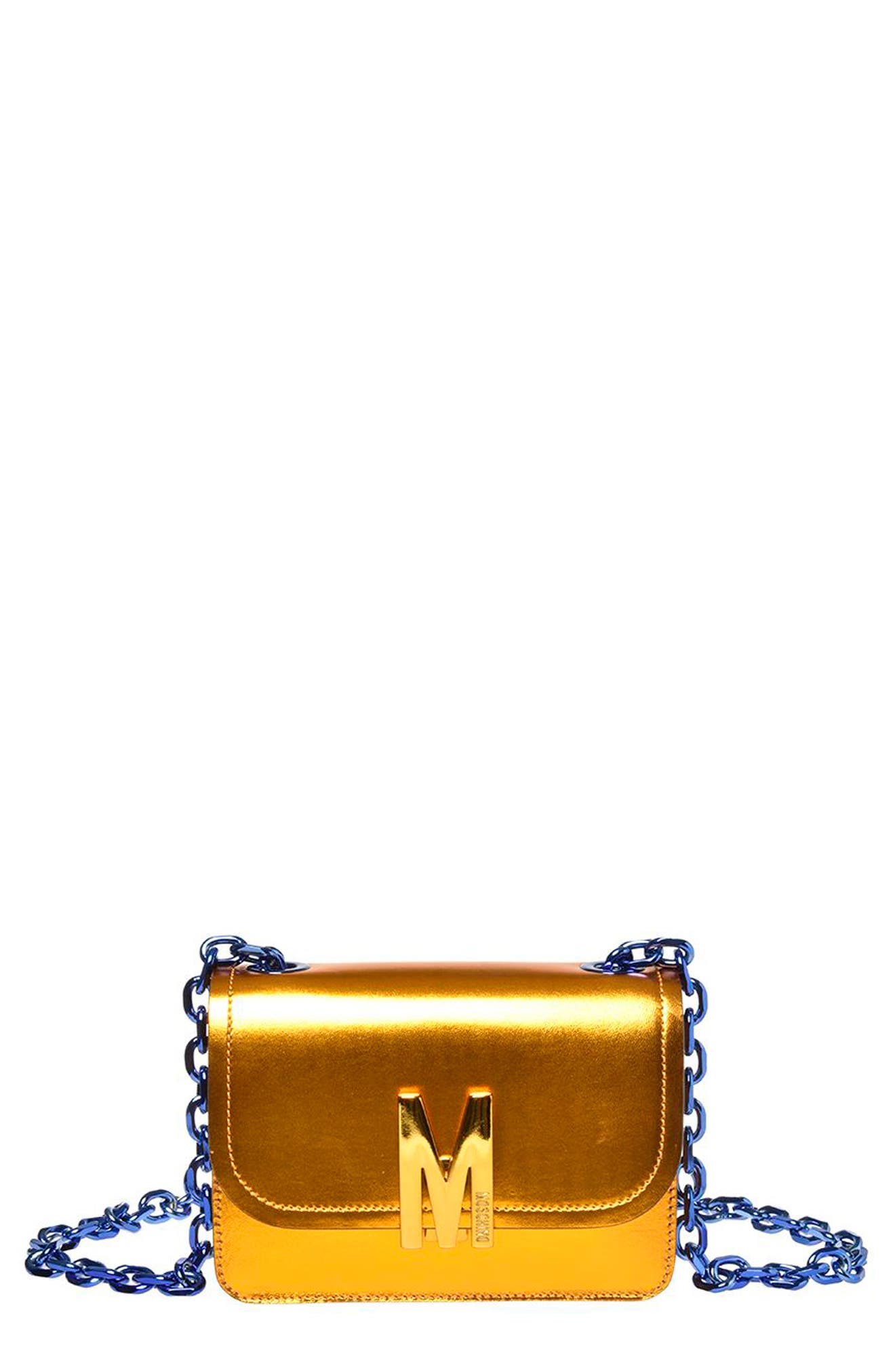 Moschino M Metallic Leather Shoulder Bag, Main, color, 