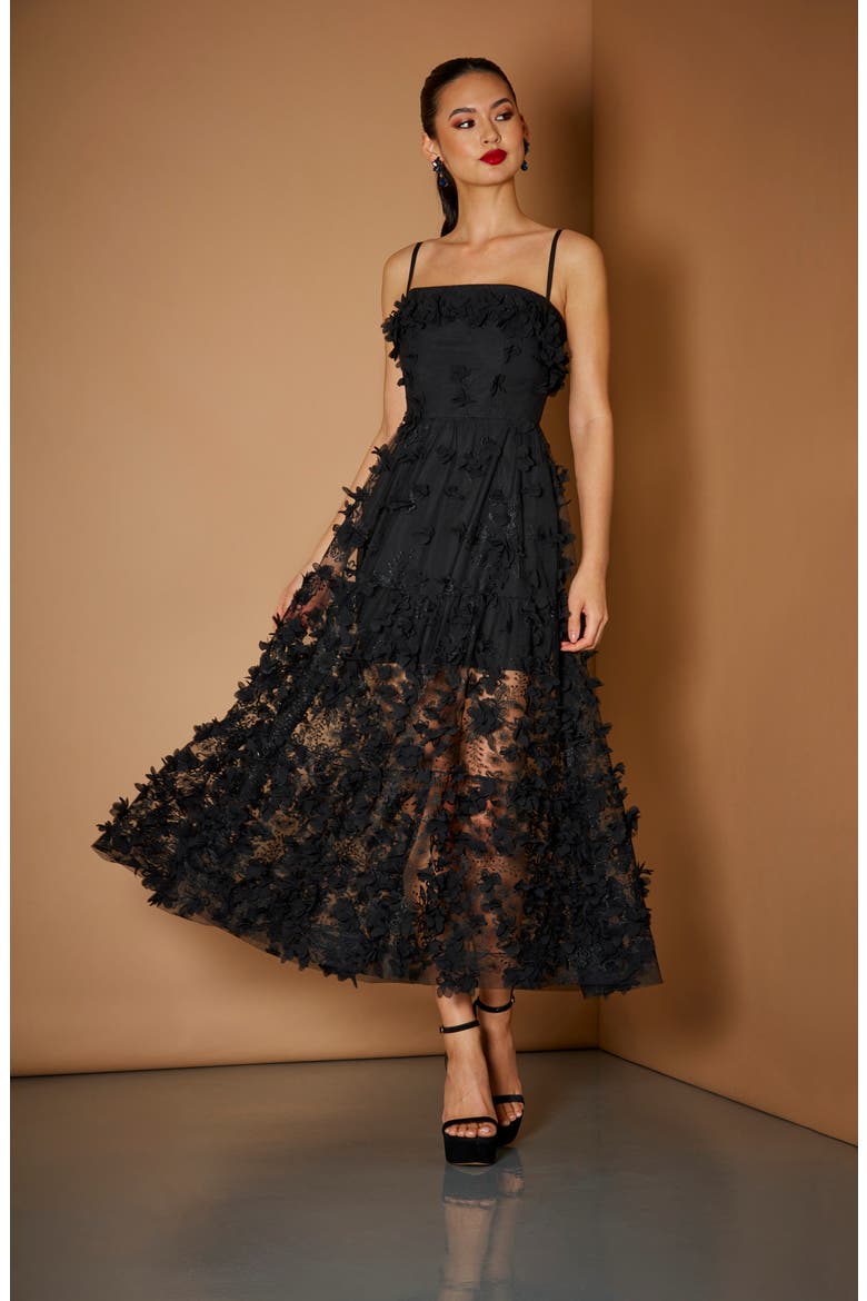 audrey floral appliqu lace dress Dress the Population Women's Audrey Spaghetti Strap Midi A-line 3D Floral Dress, Begonia, XXS at Amazon Women's Clothing store
