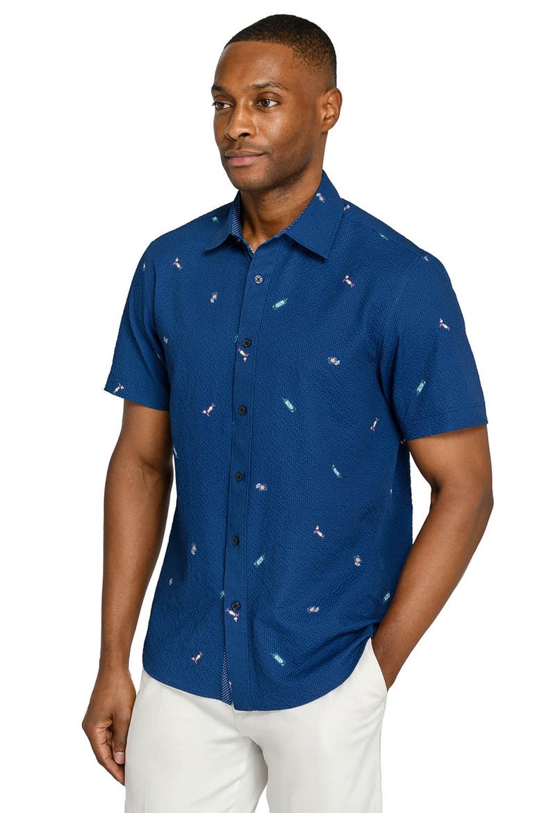Slim Fit Tropical Drinks Woven Short Sleeve Seersucker, Alternate, color, NAVY/GREEN
