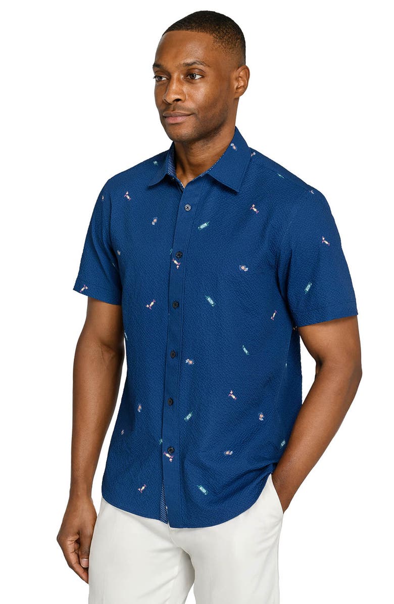 CONSTRUCT Slim Fit Tropical Drinks Woven Short Sleeve Seersucker, Alternate, color, Navy/Green