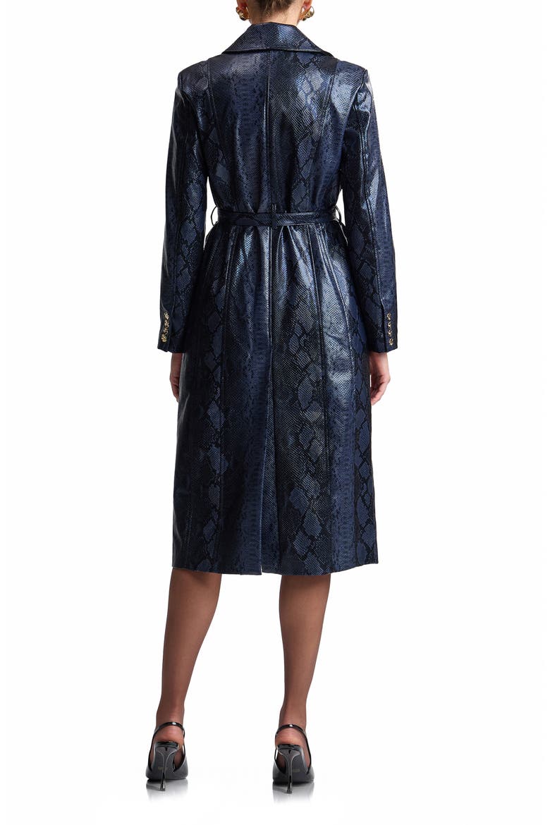Snakeskin Embossed Faux Leather Belted Trench Coat, Alternate, color, NAVY PYTHON