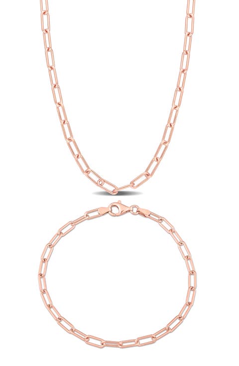 Polished Paper Clip Chain Necklace & Bracelet Set, 3.5mm