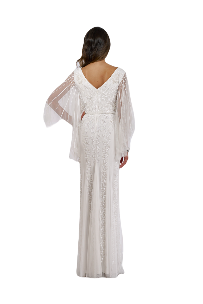 Lara Ella Beaded Cape Sleeve Wedding Dress, Alternate, color, Ivory