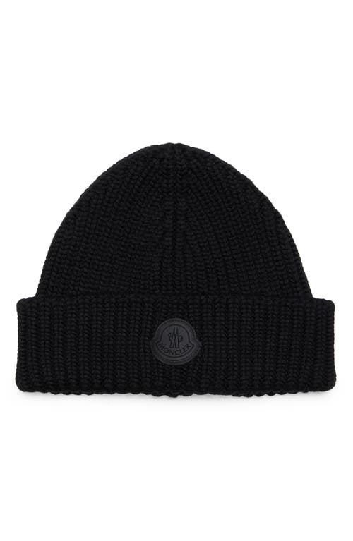 Moncler Logo Rib Virgin Wool Beanie in Black at Nordstrom