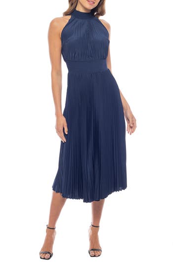 Marina Pleated High Neck Dress In Dark Navy