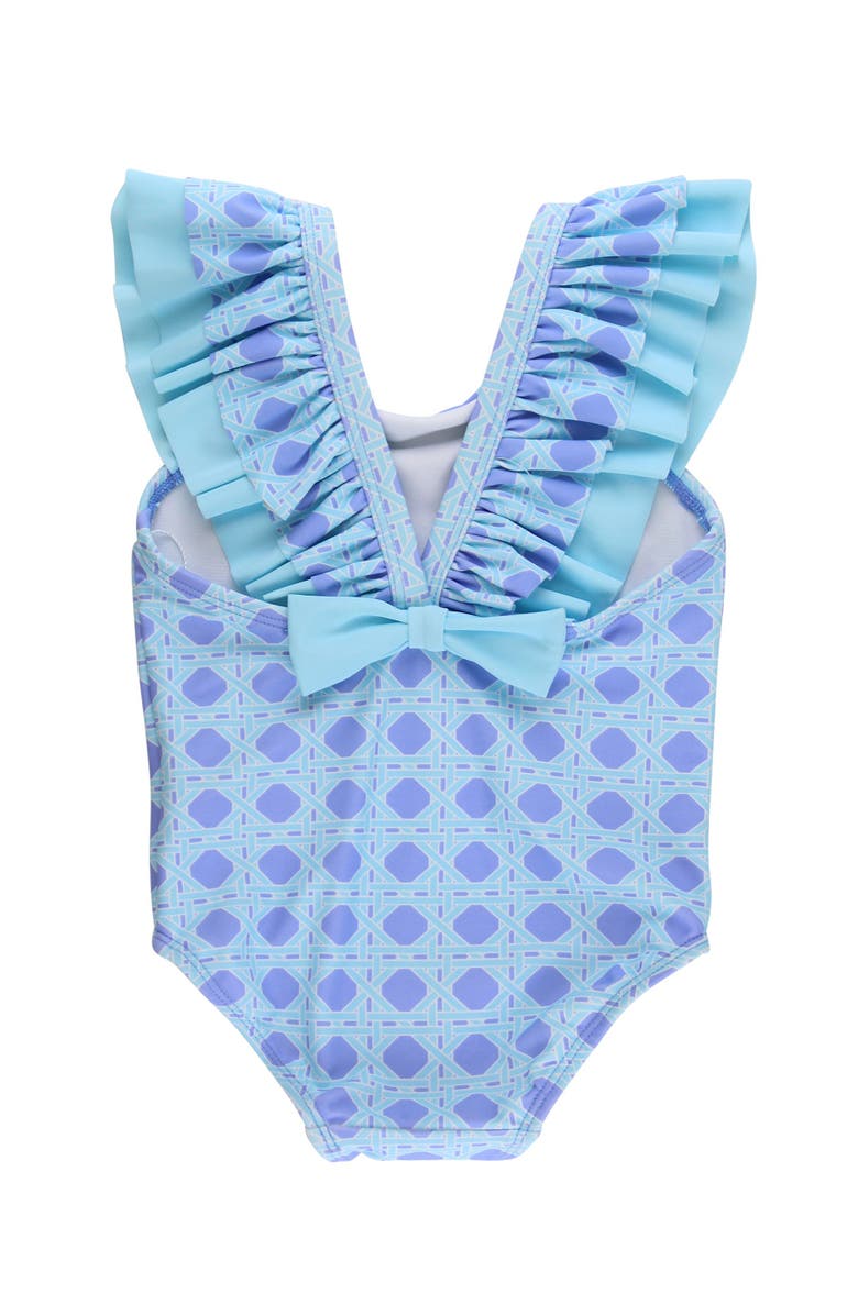 RuffleButts Girls V-Back UPF50+ One Piece, Alternate, color, Periwinkle Blue Coastal Cane