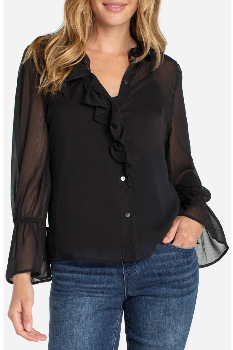 Ruffle Front Sheer Shirt, Main, color, BLACK