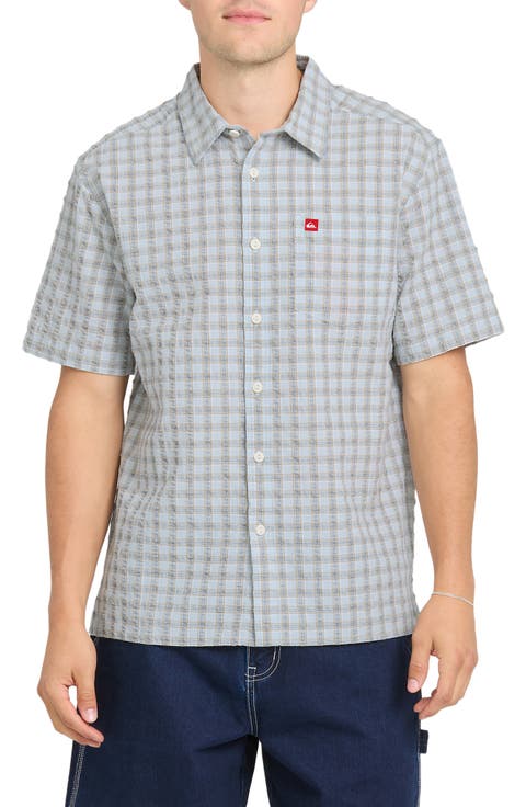 YG Oversize Plaid Short Sleeve Seersucker Button-Up Shirt