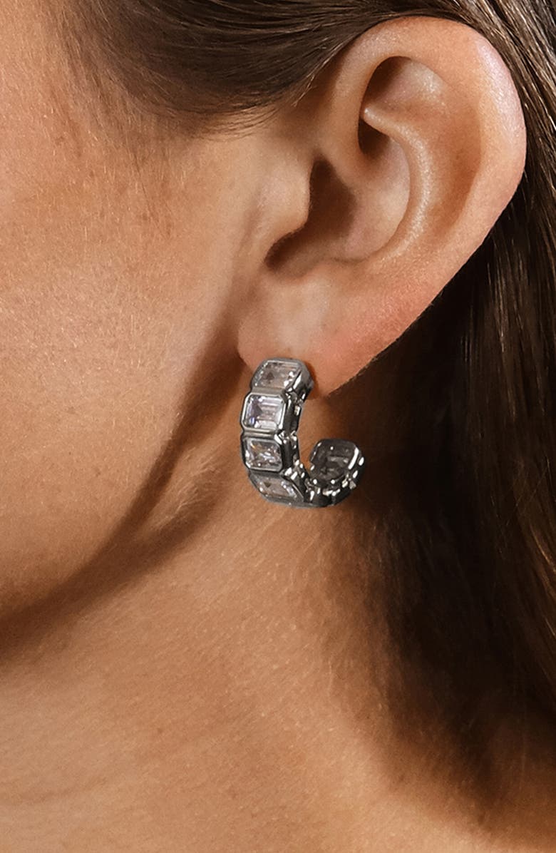 Sterling Forever Nyssa Baguette Cubic Zirconia Hoop Earrings, Alternate, color, Silver/ Clear