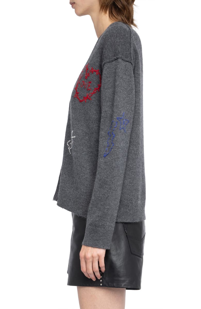 Zadig & Voltaire Mirkaz West Graph Embroidered Cashmere Cardigan, Alternate, color, Anthracite
